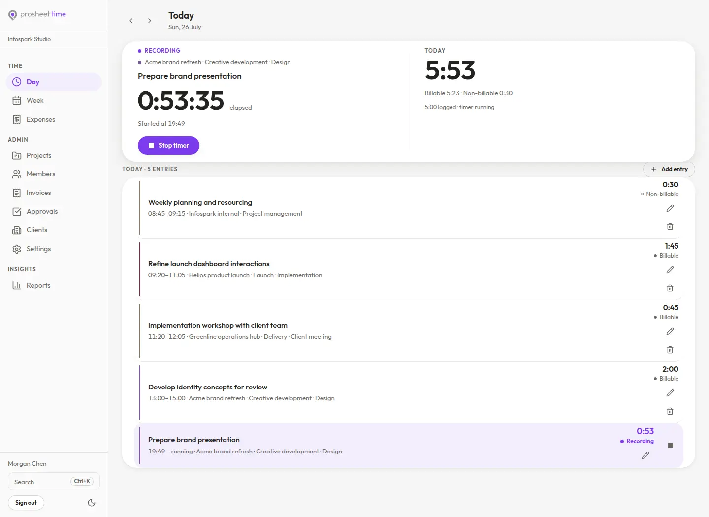 The Prosheet Time day view with a running timer, daily totals, and five time entries.