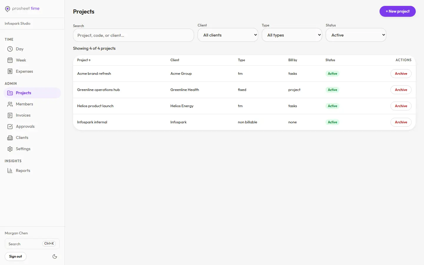 Prosheet Time projects register with client, project type, billing method, and status columns.