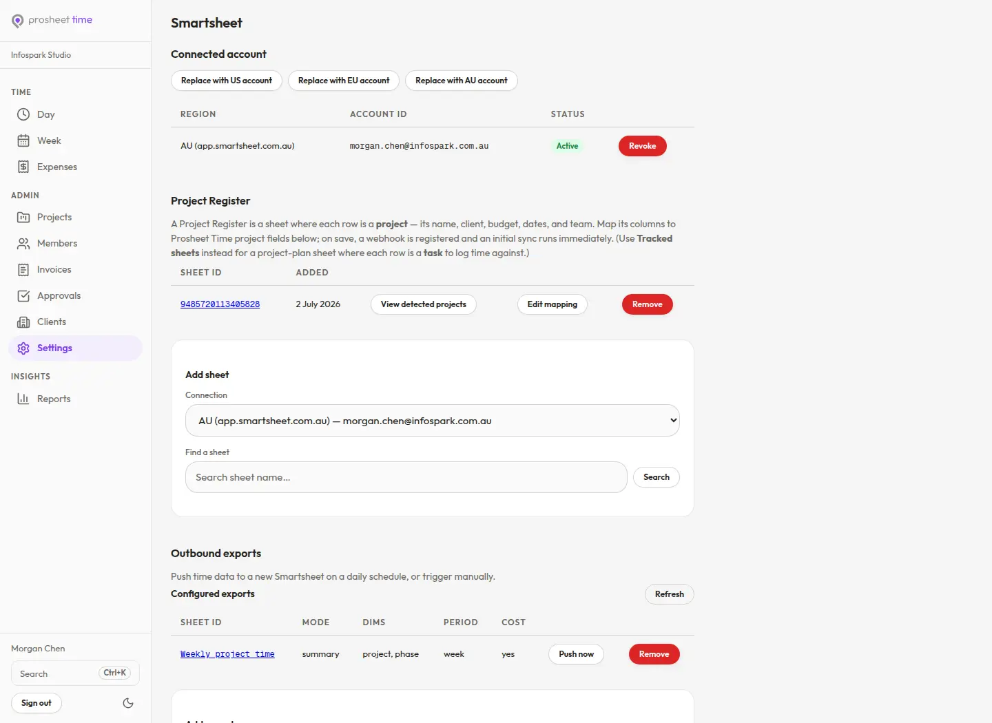 Prosheet Time Smartsheet settings showing a connected AU account, Project Register mapping, and a weekly outbound export.